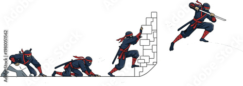 Ninja character action sequence vector illustration showing stealth movement, climbing wall and jumping attack, dynamic martial arts poses in modern flat design style