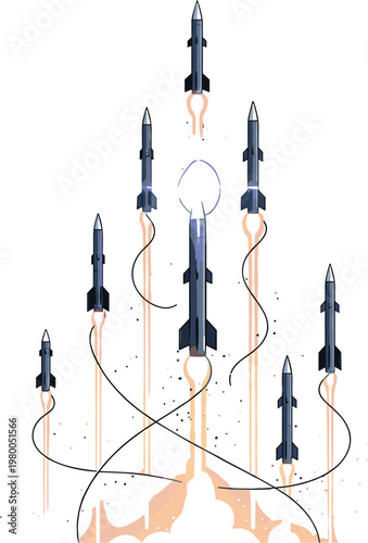 Multiple rockets launching upward vector illustration with smoke trails and dynamic composition, space exploration concept, futuristic technology startup growth and innovation background