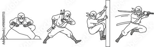 Ninja movement sequence illustration showing stealth actions, running, jumping and climbing poses in dynamic line art style for animation reference