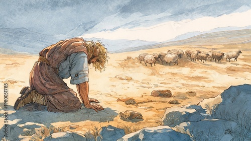 Jacob bowing seven times as he approaches Esau, a biblical Genesis 33 illustration.