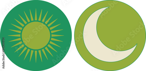 Green sun and crescent moon circular icons representing celestial bodies for weather or time theme elements