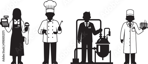 Four professionals in a culinary and scientific industry setting