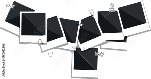 Hanging polaroid photo frames with clips and string arrangement for memory display scrapbook collage and creative photography decoration template design