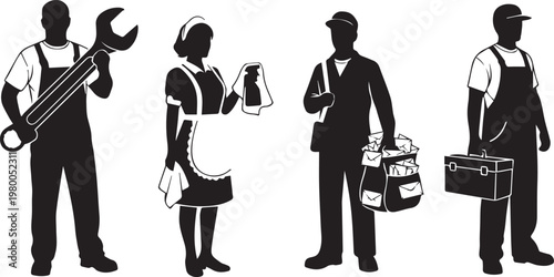 Four workers with traditional tools and attire in a vintage illustration