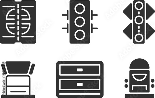 Set of six simple black navigation and infrastructure icons for urban planning and city management systems