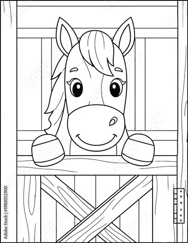 Cute baby horse in stable stall coloring page for kids and toddlers