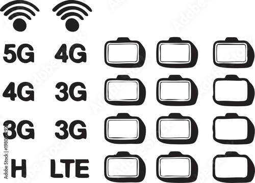 A graphic illustration showing mobile network signal strength icons with corresponding battery levels, representing 5G, 4G, 3G, LTE, and H network connections.