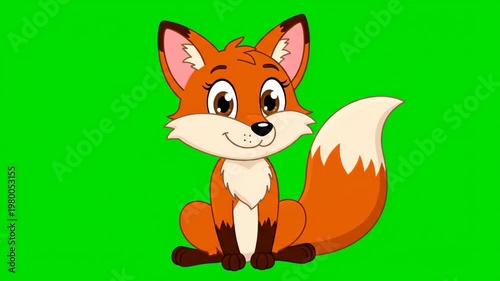 Adorable Cartoon Fox Character Sitting with Friendly Smile on Green Screen
