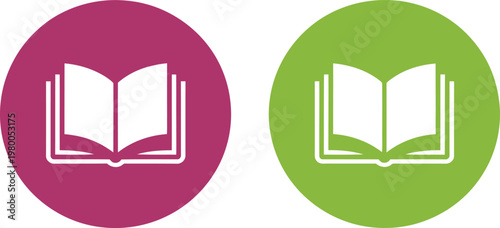 Open book icons featuring purple and green circular buttons for education and reading website navigation menus