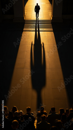 Large Shadow Cast Over Small Crowd Silhouettes Concept of Power and Influence