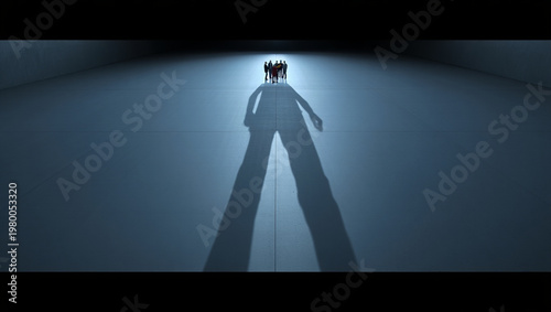 Large Shadow Cast Over Small Crowd Silhouettes Concept of Power and Influence