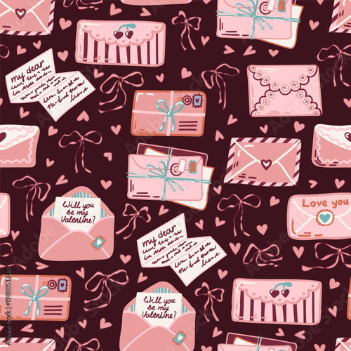 Valentines Day love mail, envelope, heart, Coquette Bow Seamless pattern, red, pink, wrapping fabric