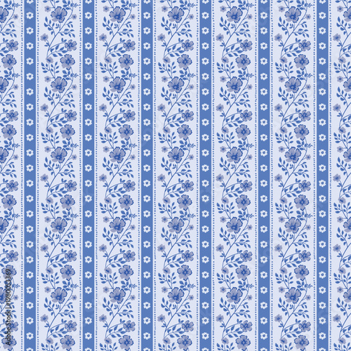 blue preppy Floral whimsy cottagecore striped seamless pattern. flower vines background, fabric