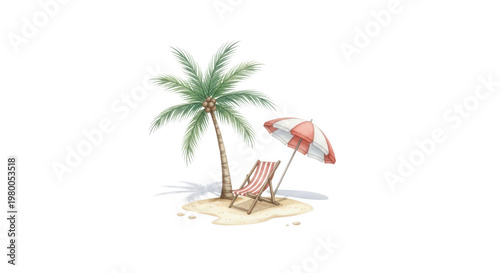 Tropical beach scene with a palm tree, a striped deck chair, and a beach umbrella isolated on transparent background