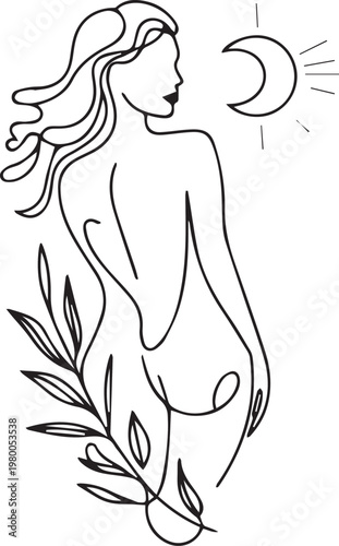 Woman in line art style with moon and leaves