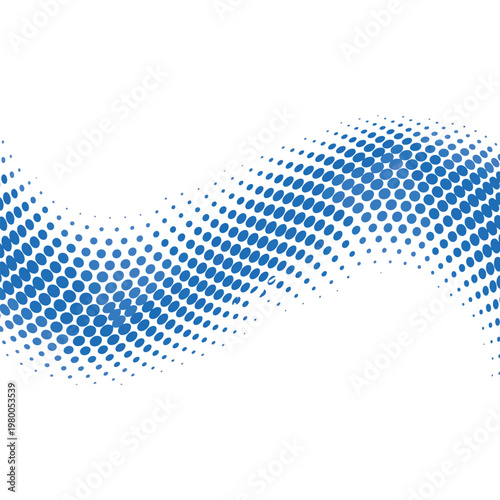 Abstract background featuring a flowing wave pattern composed of various blue halftone dots.