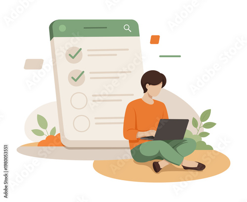 Task completion workflow, woman working on laptop with checklist, productivity process and work organization concept