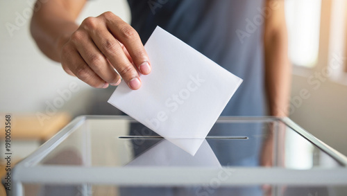 Anonymous Person Casting Blank Ballot into Transparent Box in Slow Motion