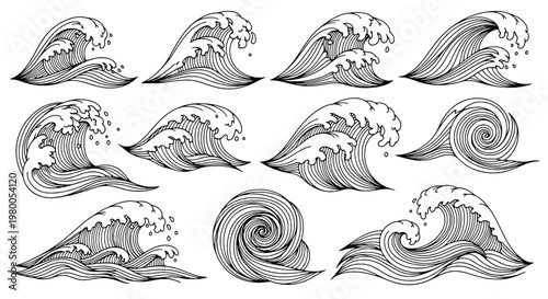 Wave ocean line icon set with swirling curls, foam bubbles, and flowing ink strokes for nautical banners