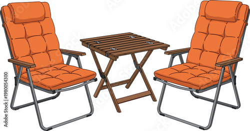 Outdoor patio furniture set with folding chairs and wooden table comfortable garden seating vector illustration isolated