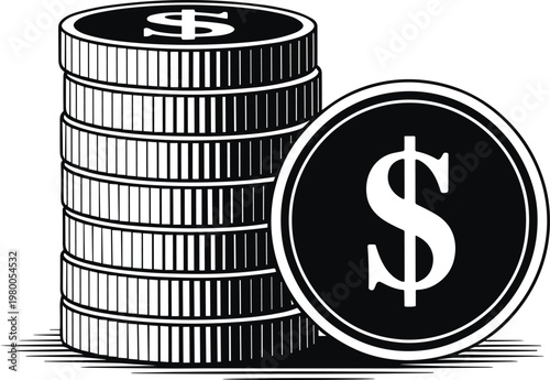 Black and White Vector Illustration of Stacked Dollar Coins for Business and Financial GrowthBlack and White Vector Illustration of Stacked Dollar Coins for Business and Financial Growth