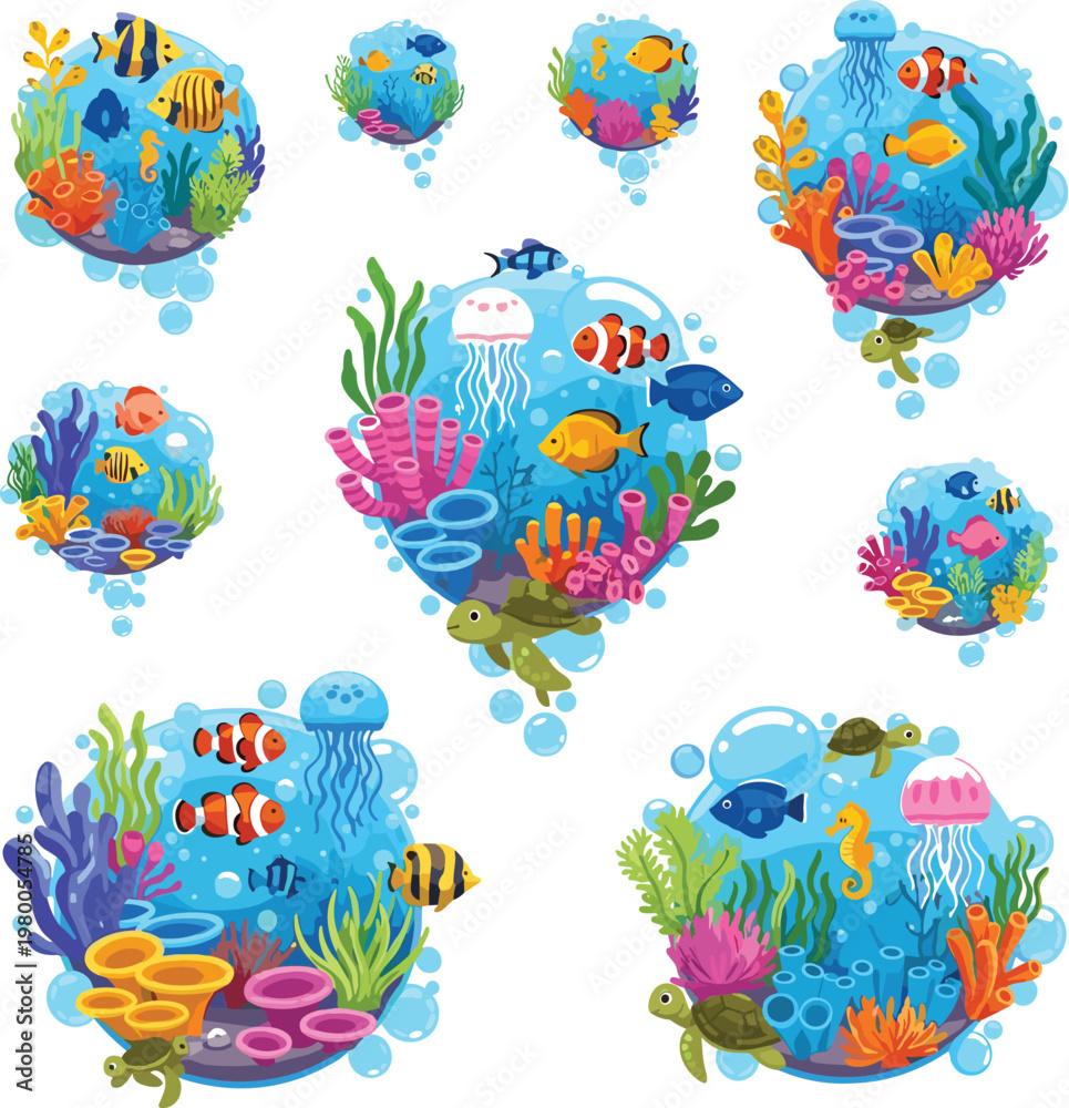 Fototapeta premium Colorful underwater coral reef collection with tropical fish, sea plants and marine life scenes in vibrant aquatic vector illustration set