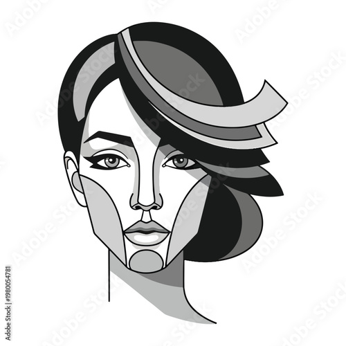 Abstract geometric portrait of a woman's face, black and white with gray shading, cubist style, elegant and modern representation for art or design