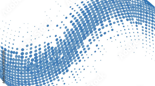 Abstract background featuring a flowing wave pattern composed of blue and grey halftone dots.