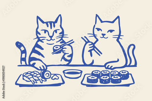 Cats eating sushi naive doodle vector illustration