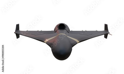 A 3D image of a stylized drone with a jet engine flies over a dry landscape. 
