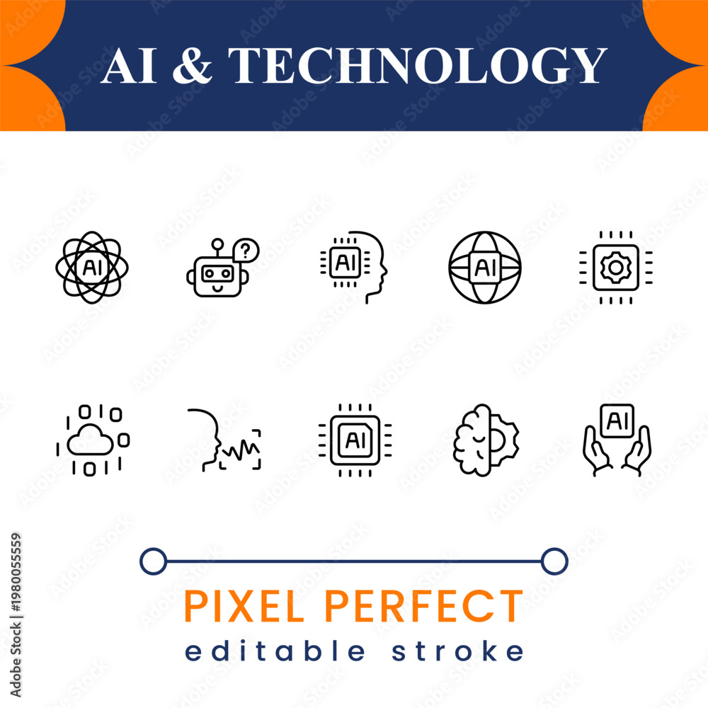 Fototapeta premium Artificial Intelligence Line Icons Set – AI Tools, Chatbot, Automation, Machine Learning Outline Pack