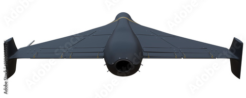 A 3D image of a stylized drone with a jet engine flies over a dry landscape. 