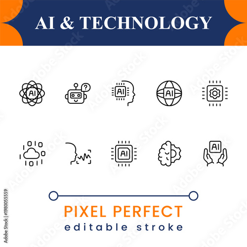 Artificial Intelligence Line Icons Set – AI Tools, Chatbot, Automation, Machine Learning Outline Pack