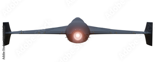 A 3D image of a stylized drone with a jet engine flies over a dry landscape. 