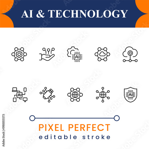 Artificial Intelligence Line Icons Set – AI Tools, Chatbot, Automation, Machine Learning Outline Pack