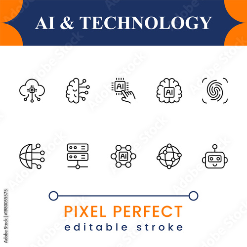 Artificial Intelligence Line Icons Set – AI Tools, Chatbot, Automation, Machine Learning Outline Pack