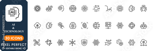 Artificial Intelligence Line Icons Set – AI Tools, Chatbot, Automation, Machine Learning Outline Pack