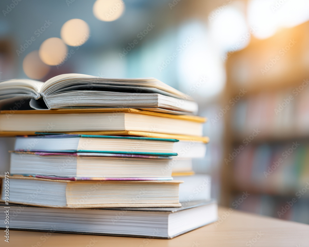 Fototapeta premium Stack Book Open Pages Study Education stack of books with one open on top ready for study and back to school in bright library setting