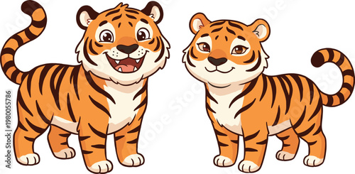Cute Cartoon Tiger Set with Friendly Expressions and Standing Poses, Wild Animal Character Vector Illustration for Kids, Jungle, Wildlife, and Educational Design
