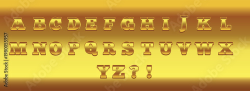 Golden Metallic gold letters, luxury typeface and golds alphabet with shadows. Elegancy font ABC, golden rich royal VIP type letter symbols set, vector illustration.