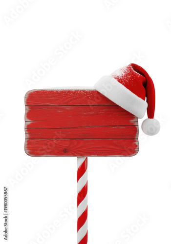 a rectangular, blank, red wooden sign with visible grain and snow, adorned with a classic santa hat, mounted on a striped candy cane pole, isolated on white. Christmas holiday template concept
