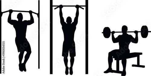 Set of fitness workout silhouettes including pull up exercises hanging bar training and seated barbell weightlifting strength training