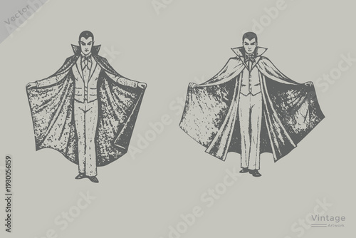 Realistic vampire in a dark cloak vintage Hand-drawn style illustration. Halloween vampire in engraving style on white background.