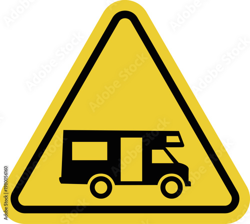 RV parking. Yellow warning triangle sign. RV stop and long-term parking area. Overnight and rest area. Camping.