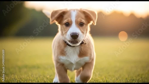 Wallpaper Mural Cute puppy running in green field. Torontodigital.ca