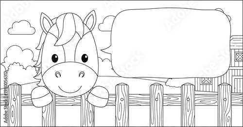 Cute horse on farm fence coloring page with speech bubble for kids