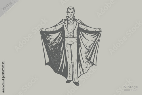Vintage stern-faced vampire in a dark cloak Retro grunge dotted texture style vector illustration. Halloween vampire in engraving style