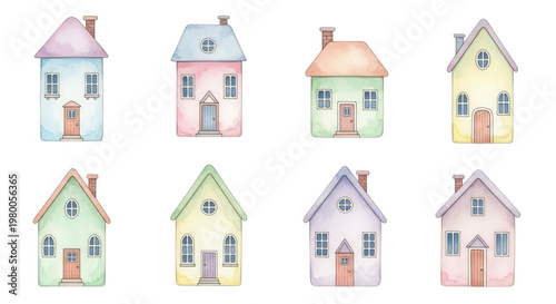 Set of cute watercolor houses isolated on transparent background