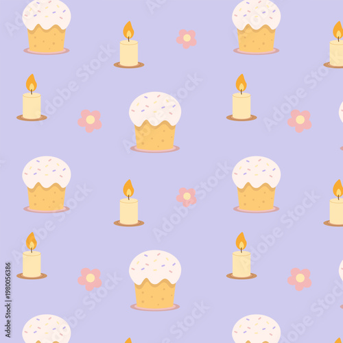 Seamless Easter Pattern with Traditional Cakes Candles and Flowers on Purple Background