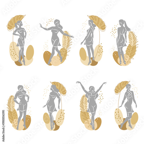 Collection. Silhouette of a cute lady and leaves of a plant. The girl is standing. The woman has a beautiful figure. She is young and slim. Vector illustration set.